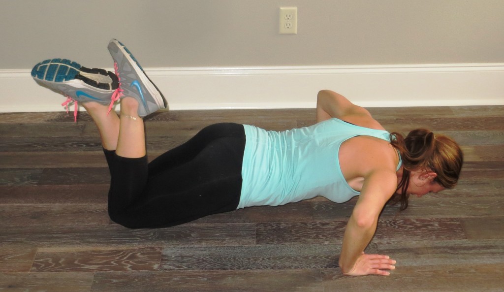 Start in a modified push up position. Bend your knees, and rest on your quads - try not to rest on your knees (that hurts)! Arms will stay at should height and come out to your sides. Count 1, lower down half way, then count 2 and lower all the way down, then come back up. Repeat.