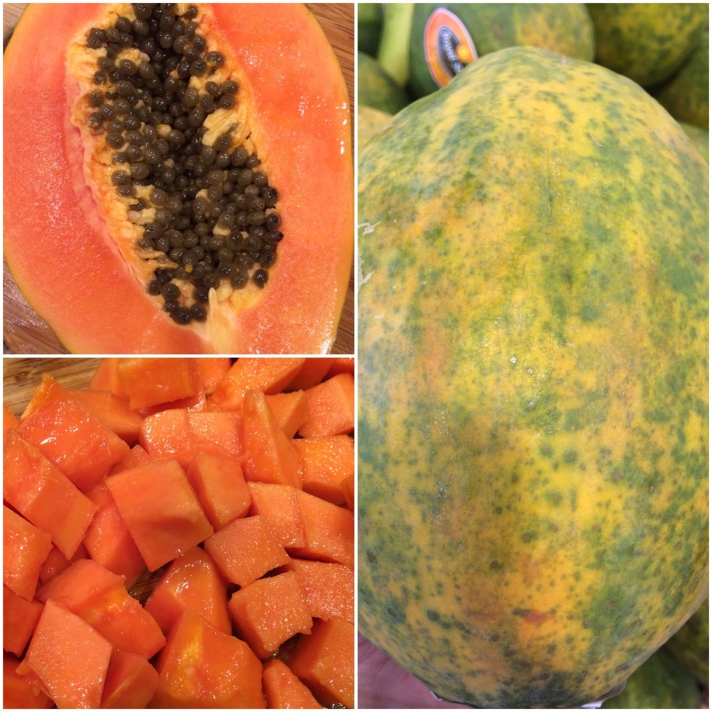 Papaya cut in half (top left), Papaya ready for snacking (bottom left), Papaya as found in stores (right)