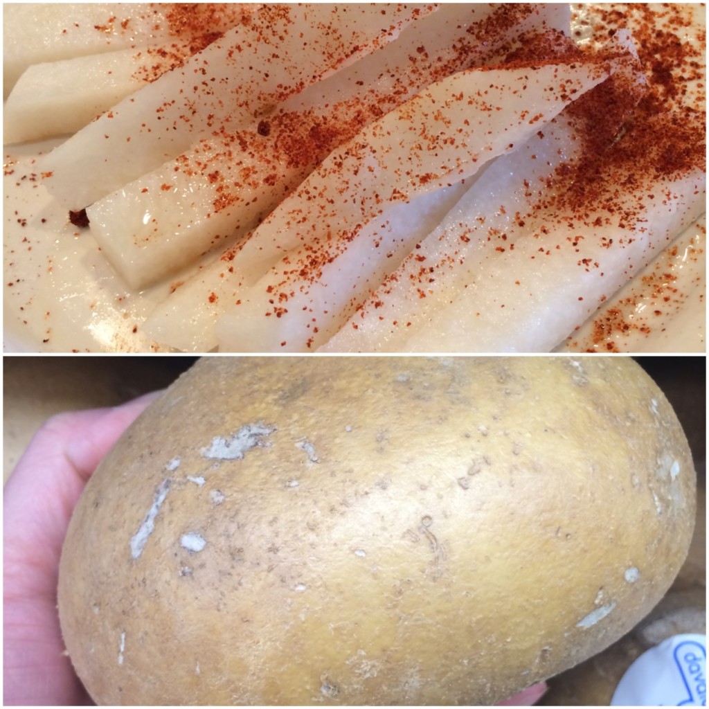 Jicama prepared with chili powder and lime juice (top), Jicama, as found in stores (bottom)