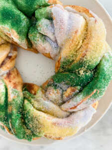 Overhead view of a cinnamon roll king cake made at home