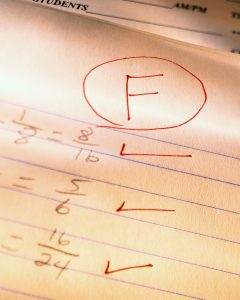 math test with "F" at the top