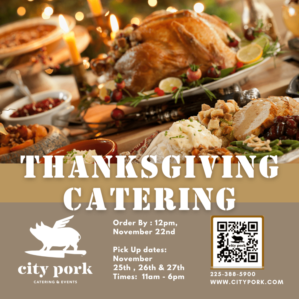 Let City Pork Catering do the cooking this year! Cajun Smoked Turkeys, Spiral Cut Smoked Hams and family style southern sides! Order before November 22nd at noon! 